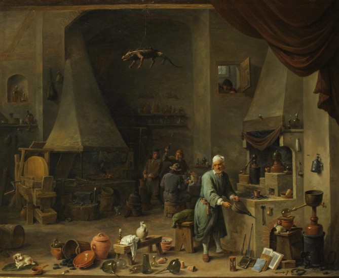 Interior of a Laboratory with an Alchemist. David Teniers II. Oil on canvas, 17th Century